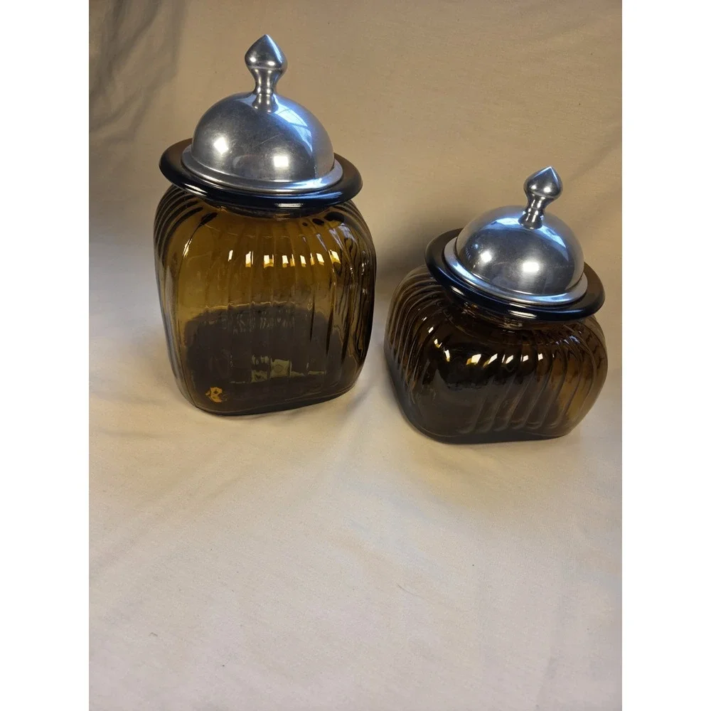 VINTAGE APOTHECARY ARTLAND AMBER RIBBED GLASS CANISTERS PEWTER with LIDS
